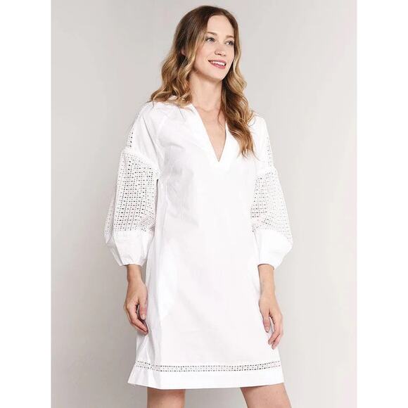 BROCHU WALKER Koren Dress White Size XS Eyelet Lace Oversized Relaxed Chic Crisp - Picture 1 of 16